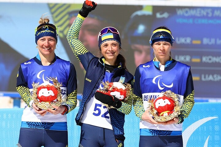 バイアスロン女子10キロ立位では、ウクライナの３選手が表彰台を独占した。(C)Getty Images