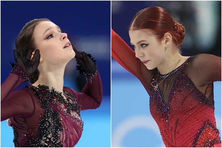 北京五輪の女子シングルで金メダルを獲得したシェルバコワ（左）と、銀メダルのトゥルソワ（右）。だが、迫る世界選手権に彼女たちは参戦しない。(C)Getty Images