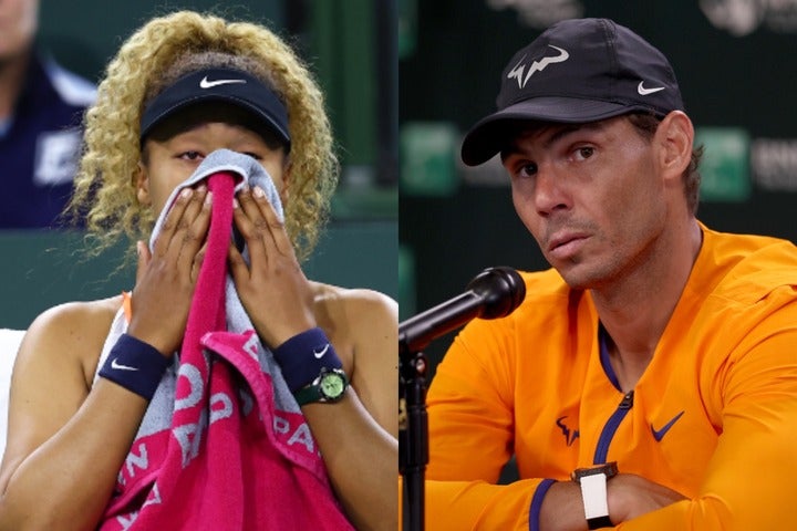 ベンチで涙を拭う大坂（左）。テニス界で論争を巻き起こしている“ヤジ騒動”にナダル（右）は何を思うのか。(C)Getty Images