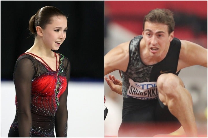 五輪では４位に泣いたワリエワ（左）を陸上110ｍＨのシュベンコフ（右）が擁護する。(C)Getty Images