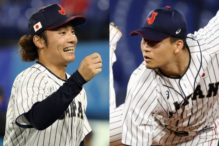 東京五輪ではともに中継ぎ投手としてプレーし、金メダル獲得に貢献した伊藤（左）と千賀（右）。(C)Getty Images