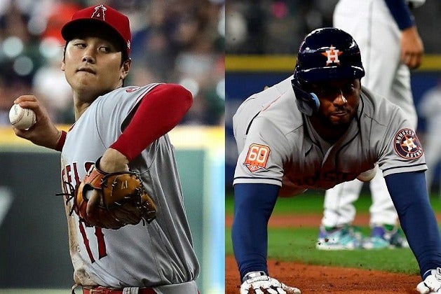 快投を続けた大谷（左）。そんな偉才からなんとしてでも塁に出ようとしたグッドラム（右）の打撃が話題となっている。(C)Getty Images