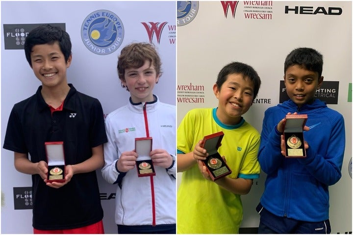14歳以下ダブルスで優勝した湯藤泰寿／アーチー・グレー組（左）、11歳以下ダブルスで優勝した湯藤慶寿／ハキーム・カマル組（右）。写真：家族提供
