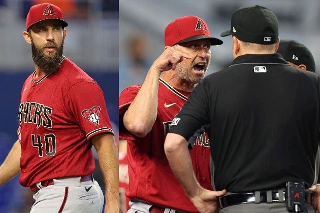 塁審のベリーノに怒りを爆発させたバムガーナー（左）。この退場劇はダイヤモンドバックスの関係者だけでなく、球界全体で話題となっている。(C)Getty Images