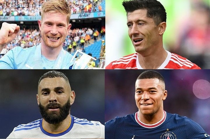 欧州のサッカー調査機関が５大リーグのベスト11を発表。写真は左上から時計回りにデ・ブルイネ、レバンドフスキ、エムバペ、ベンゼマ。(C) Getty Images