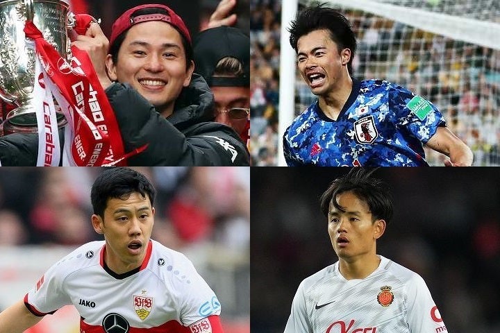 欧州で活躍する日本人選手をブラジル・メディア評価した。写真は、左上から時計回りに南野、三笘、久保、遠藤。(C) Getty Images