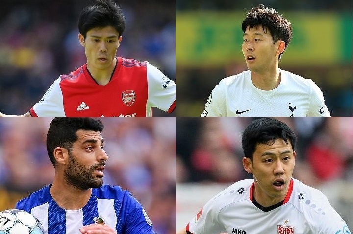 英国のサッカー専門誌『FourFourTwo』がアジア人選手ベスト10を発表した。写真は左上から時計回りに、冨安健洋、ソン・フンミン、遠藤航、メフディ・タレミ。(C) Getty Images