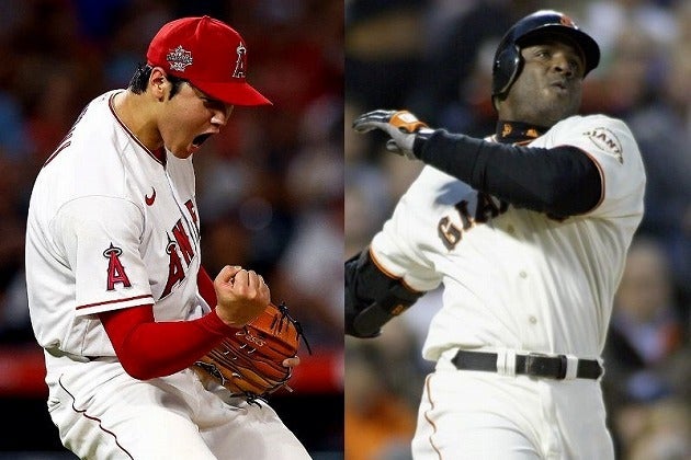 球史の残る名スラッガーとして名を馳せたボンズ（右）。そんな強打者と比較しても大谷（左）に対する評価は揺るぎない。(C)Getty Images