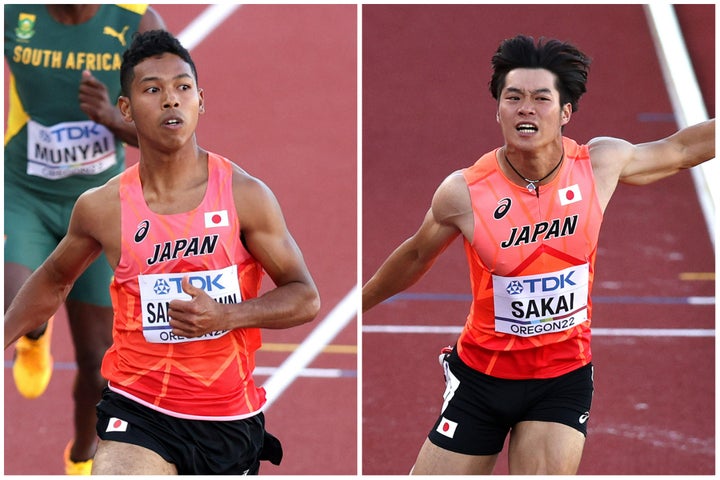 サニブラウン（左）は９秒98、坂井（右）は10秒12でともに予選を突破した。(C)Getty Images