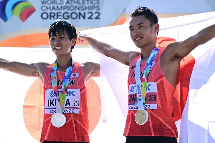 15日に開幕した世界陸上。日本勢メダル第１・２号を獲得した競歩の山西（右）と池田（左）。(C)Getty Images