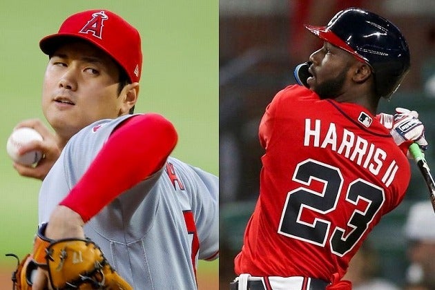 高校時代は投手としても活躍していたハリス２世（右）。そんな俊英外野手は、MLBでも二刀流を続ける大谷（左）との対決を迎えた。(C)Getty Images