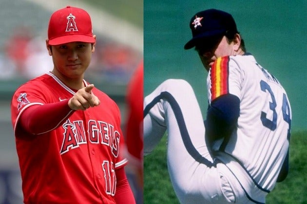 往年の名投手ライアン（右）が残した奪三振記録に、大谷（左）も見事に並んでみせた。(C)Getty Images
