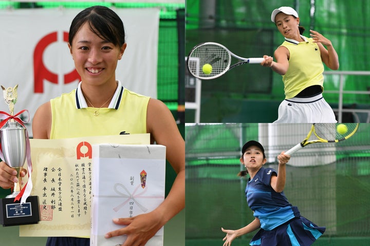 山崎郁美（左／右上）は攻守のバランスが取れたテニスで神鳥舞（右下）を振り切り、学生女王の座に就いた。写真：スマッシュ編集部