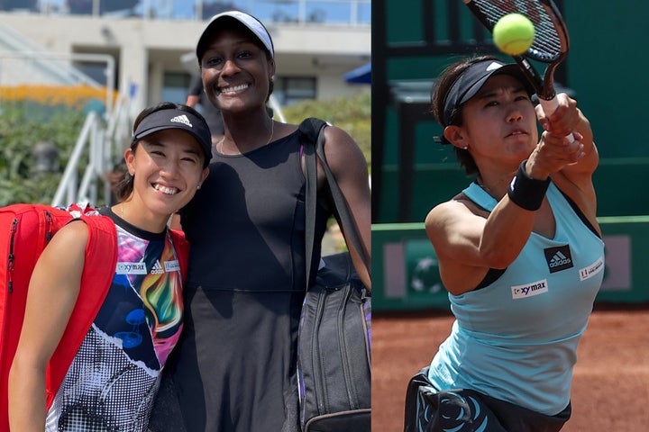 加藤は全仏オープンの前あたりから、パートナーと共にテニスを楽しめるようになってきたという。それは組む相手がマホメドになっても変わらない。写真：内田暁（左）、Getty Images（右）