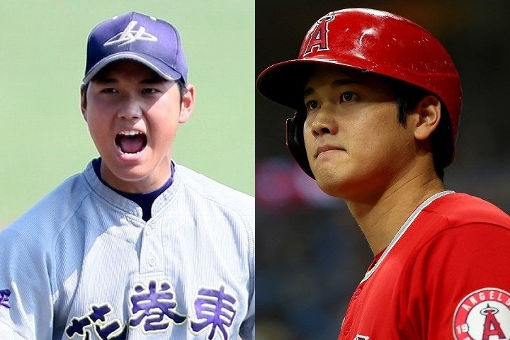 高校時代の大谷（左）とエンジェルス所属の大谷（右）。大谷ら日本人メジャー選手の活躍で日本の高校野球にもスポットが当たっている。写真：産経新聞社、Getty Images