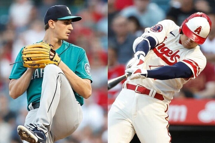 カービー（左）の投じた渾身の一球を打ち砕いた大谷（右）。その打棒は好調ぶりを感じさせるものだった。(C)Getty Images