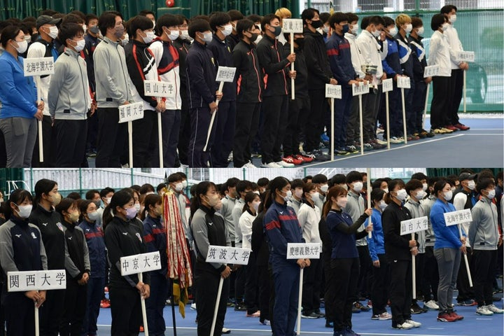 全国から代表校が集結。10月７日に行なわれた大学王座決定試合の開会式の模様。写真提供：全日本学生テニス連盟