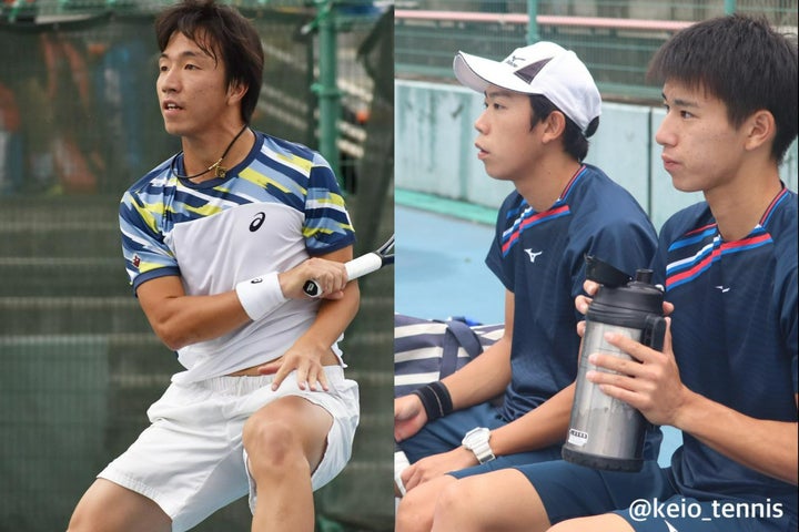 早大の白石光（左）、慶大の藤原智也／下村亮太朗（右）。写真提供：全日本学生テニス連盟、慶應義塾体育会庭球部