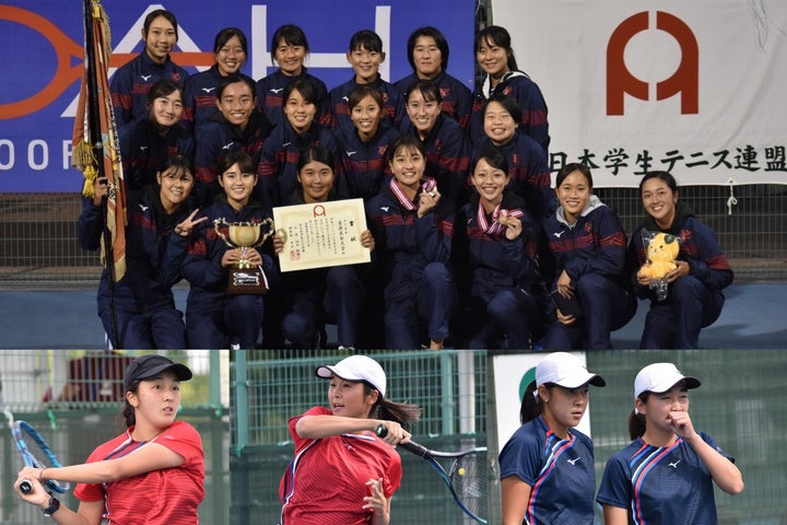 大学王座連覇を飾った慶應義塾大学の女子チーム。19年度優勝の筑波大学に競り勝った。写真提供：全日本学生テニス連盟