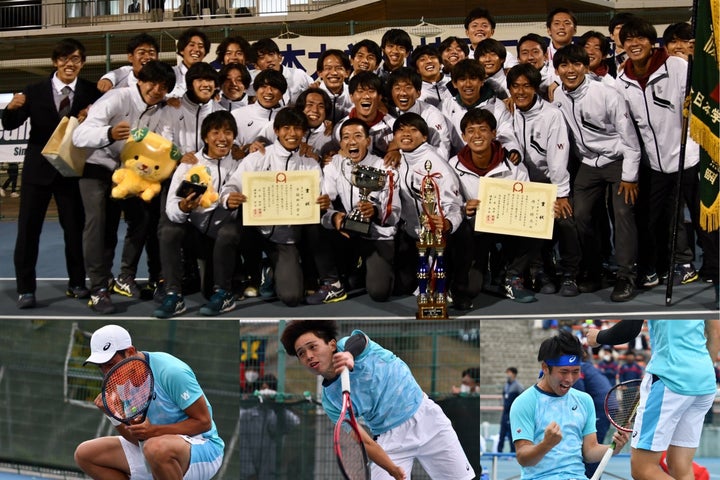 大学王座17連覇を達成した早稲田大学の男子チーム。慶應義塾大学を５－４で振り切った。写真提供：全日本学生テニス連盟、早稲田大学庭球部