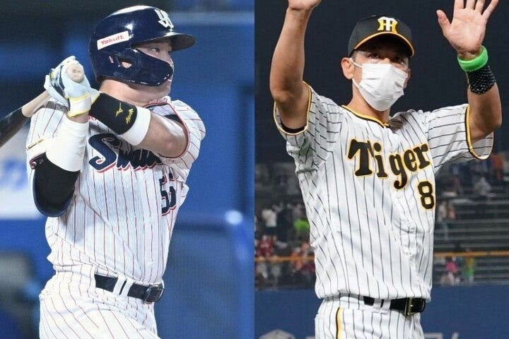 村上（左）の懸命な走塁が呼び込んだ逆転劇で勝利を飾ったヤクルト。一方で矢野監督（右）率いる阪神は土壇場での失策が命取りとなる結果になった。(C)Getty Images