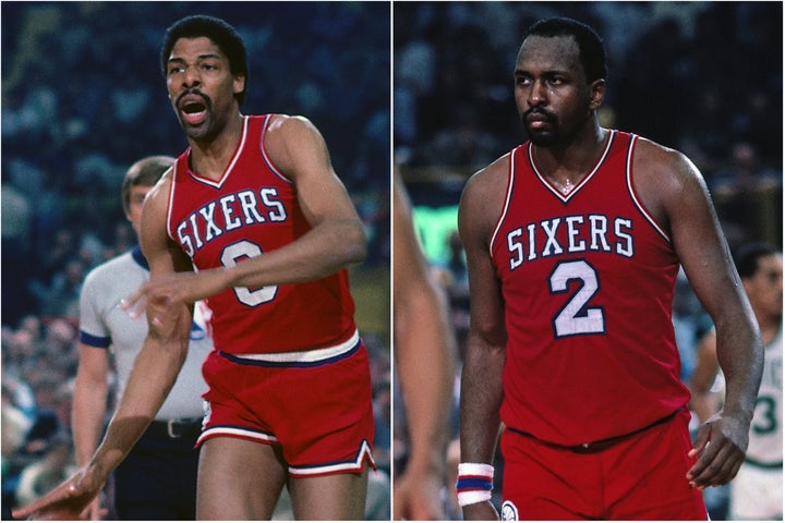 ともにABAのスターだったドクターＪ(左)とマローン(右)。悲願のNBA制覇を成し遂げた1983年の76ersは球史に残る強さを誇った。(C)Getty Images