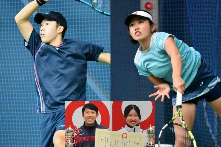 インカレ室内、男子シングルスを制した藤原智也（左）と女子シングルス優勝の神鳥舞（右）。写真提供：全日本学生テニス連盟