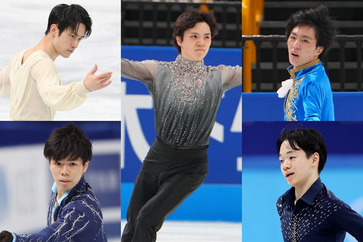 全日本選手権の男子シングルに出場予定の宇野（中央）、山本（左上）、三浦、（右上）、佐藤（左下）、鍵山（右下）。写真：Getty Images/THE DIGEST写真部