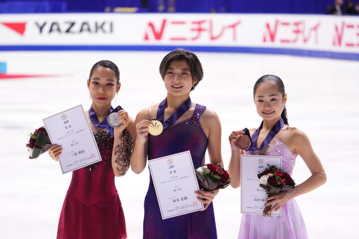 全日本選手権で表彰台を飾った３人。左から三原、坂本、島田。写真：田中研治（THE DIGEST写真部）