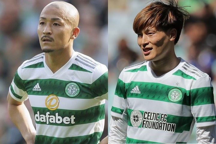 オールドファームで得点を挙げた前田（左）と古橋（右）。日本人選手の活躍で伝統の一戦は引き分けに。(C) Getty Images