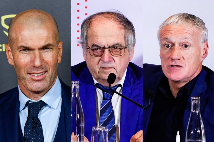 仏サッカー連盟のル・グラエ会長（中）がジダン（左）を軽視する<br />
発言が問題とされ、会長職を退任する事態に。デシャン（右）も発言は不適切だと見解を述べた。(C)Getty Images