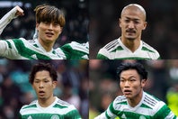 セルティックの躍進を支える古橋（左上）、前田（右上）、岩田（左下）、旗手（右下）の日本人カルテット。(C) Getty Images