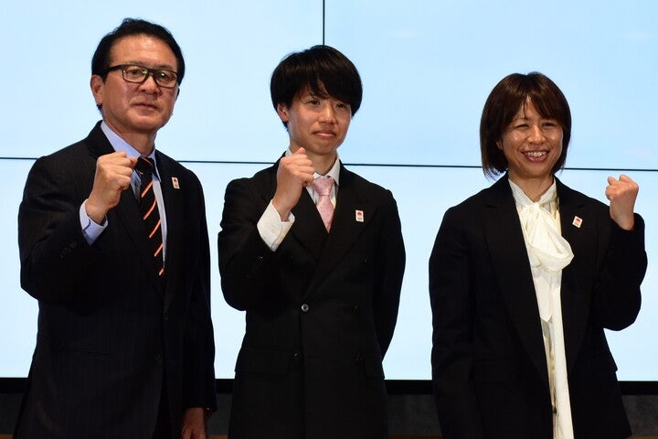 MGCの会見に登壇した３人。左から瀬古氏、鎧坂哲哉、福士氏。写真：THE DIGEST編集部