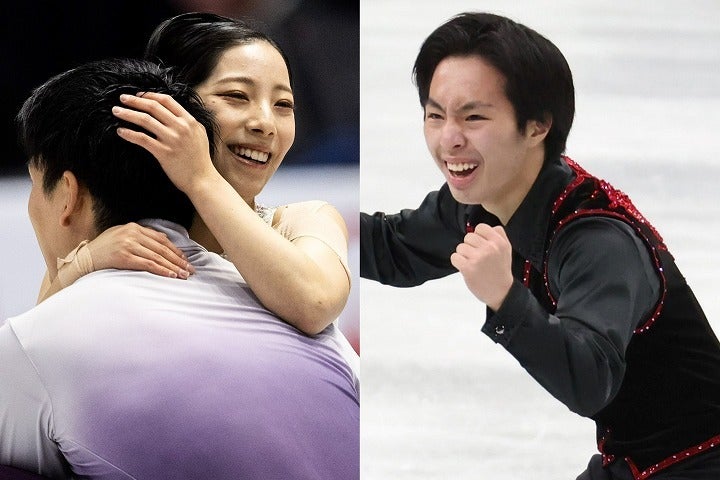 同じ日に金メダルを獲得したりくりゅうペア（左）と三浦（右）。日本の勢いには米識者もただただ驚いている。(C)Getty Images