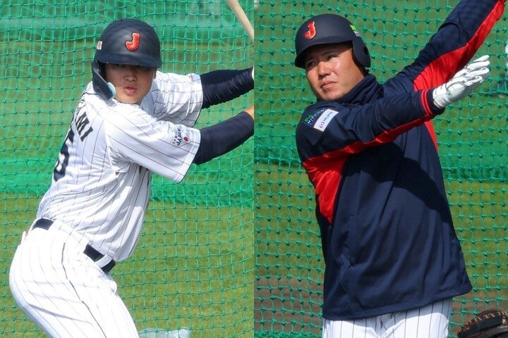 同じ組でフリー打撃に臨んだ村上（左）と山川（右）。セパ両リーグの本塁打王が互いの打撃を語った。写真：梅月智史