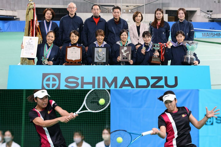 日本リーグ女子で３大会ぶり６度目の優勝を飾った島津製作所。左下はエースでMVP受賞の本玉真唯、右下はナンバー２で貴重な勝利を挙げた加治遥。写真：滝川敏之