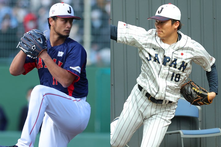 普段はアメリカでプレーするダルビッシュ（左）と日本の選手が交流できるのも侍ジャパンの醍醐味。メジャーのエースから日本のエース山本（右）が学び取ることは多いのだろう。写真：梅月智史