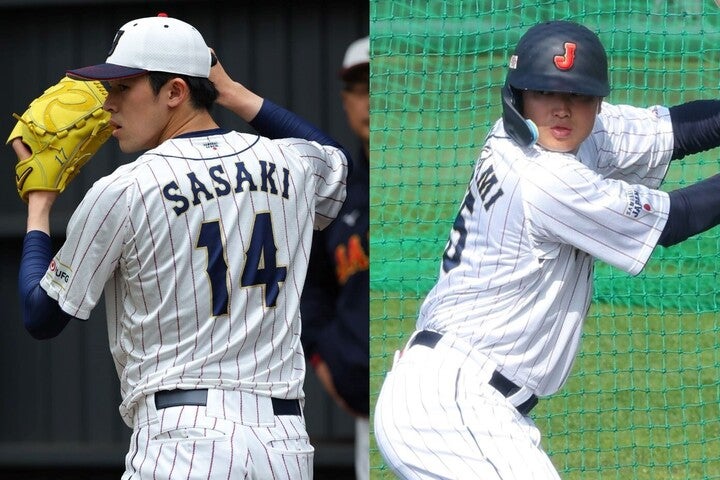 日本を代表する投打の逸材である佐々木（左）と村上（右）。この両雄には、海外メディアも注目する。写真：梅月智史