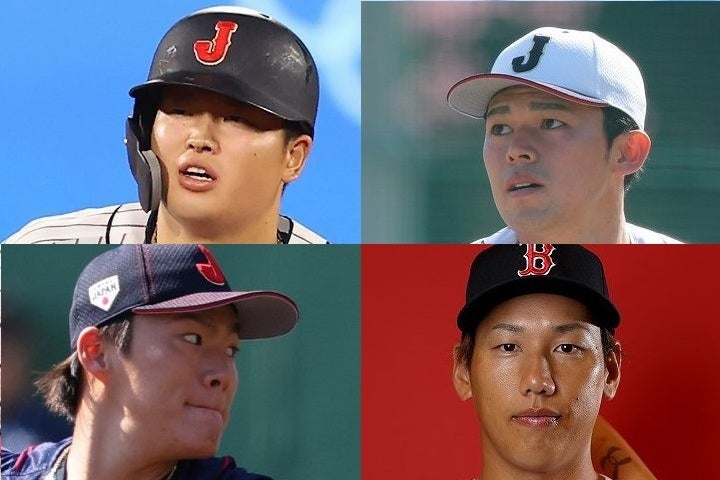 海外メディアも注目するWBC日本代表の４選手。左上から時計回りに、村上宗隆、佐々木朗希、吉田正尚、山本由伸。写真：Getty Images,梅月智史
