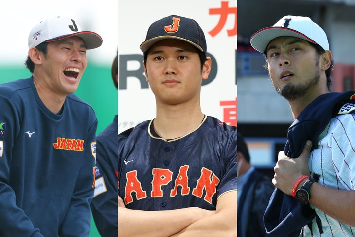 米専門局のWBC展望記事の中で「３人の怪物」と紹介された左から佐々木、大谷、ダルビッシュ。写真：滝川敏之、梅月智史