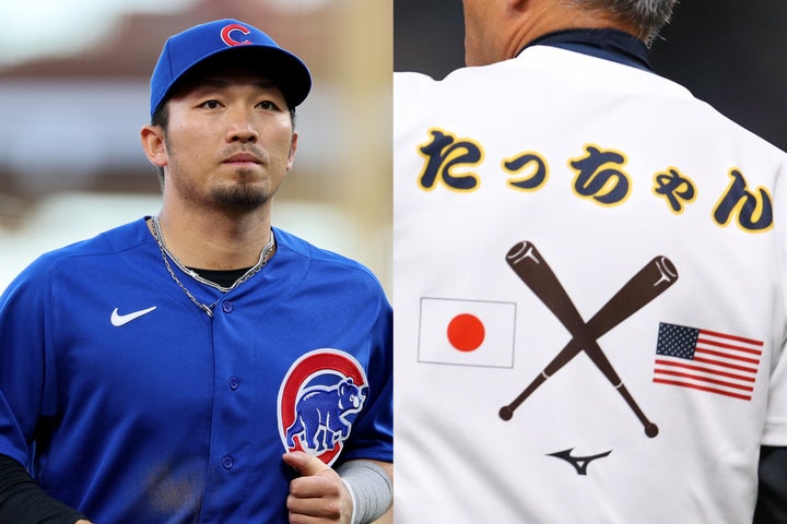 故障で無念の代表離脱となった鈴木誠也（左）が、たっちゃんTシャツを着用した姿をSNSで披露した。(C)Getty Images