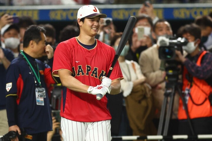 試合前から圧巻の打棒でファンを沸かせていた大谷は、韓国戦では３打数２安打の活躍を見せた。写真：梅月智史