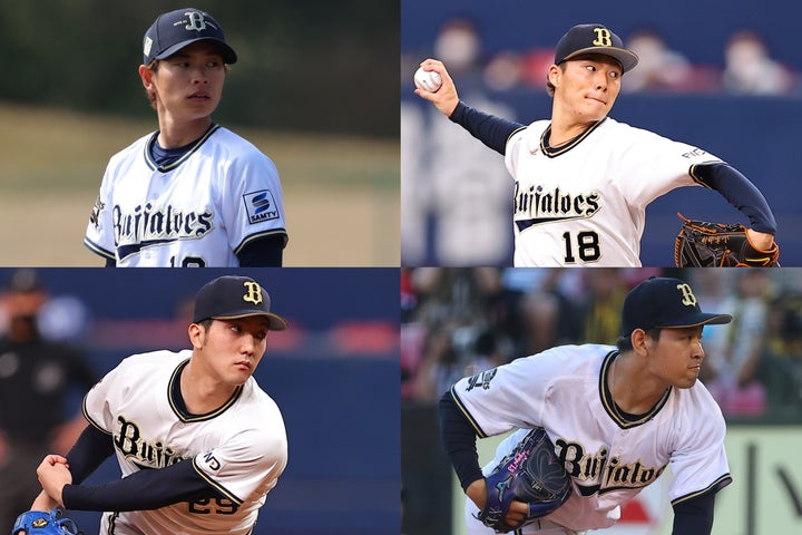 投手の層が厚いオリックス。左上から時計回りに山岡、山本、宮城、田嶋。写真：THE DIGEST写真部