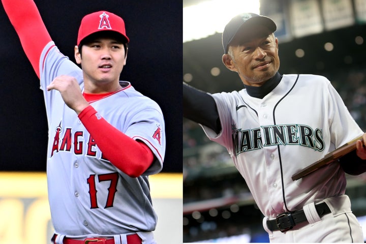 マリナーズ戦で大谷（左）がイチロー（右）のもとへ挨拶をしに行った様子に現地メディアが注目した。(C)Getty Images