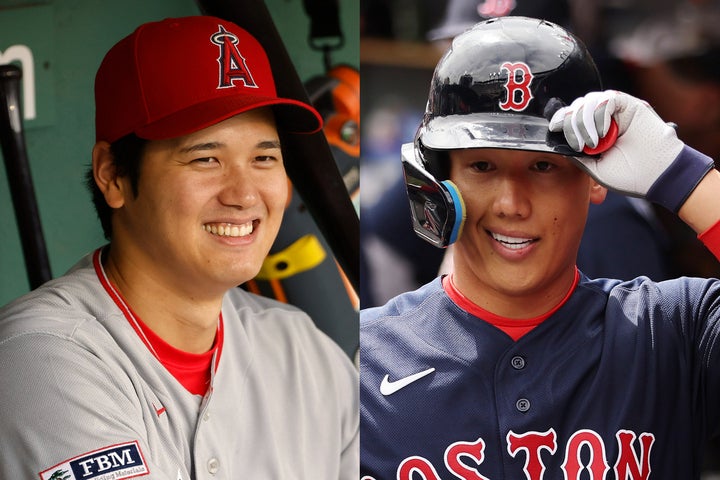 再会を果たした吉田（右）と大谷（左）。ふたりの微笑ましい２ショットにレッドソックスファンも大喜びだ。(C) Getty Images