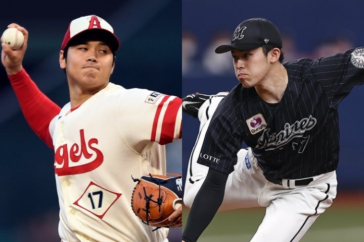 大谷（左）と並ぶ日本人最速タイ165キロを計測した佐々木（右）。SNS上ではファンが喝采を送った。写真：THE DIGEST写真部（佐々木写真）、Getty Images（大谷写真）