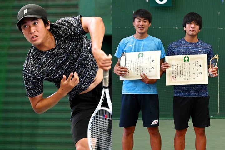 写真左／関東学生男子シングルスで２連覇を果たした田中佑。筑波勢の優勝はこれで６年連続だ。写真右／準優勝の中村元（左側）と優勝の田中（右側）。撮影：北沢勇