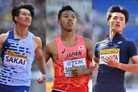 昨年トップスリーになった選手たち。左から坂井、サニブラウン、栁田。写真：Getty Images、金子拓弥（THE DIGEST写真部）
