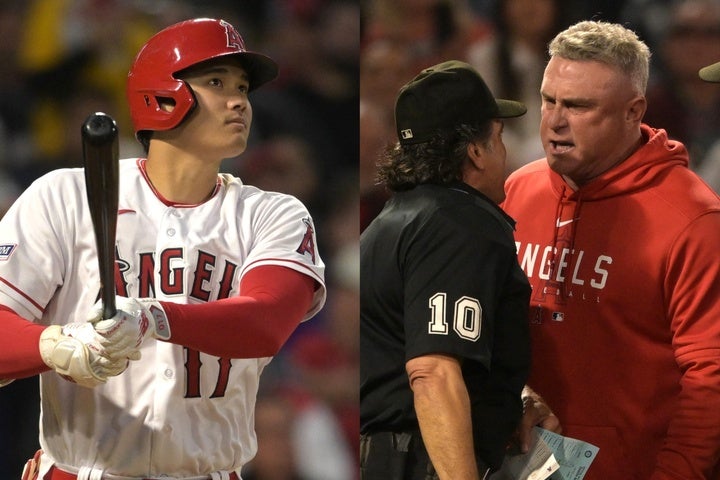 大谷（左）は３回に今季18本目となる２ランを放つが、５回に自信を持って見送ったボールをストライクと判定され、ネビン監督（右）は主審に猛抗議した。(C)Getty Images