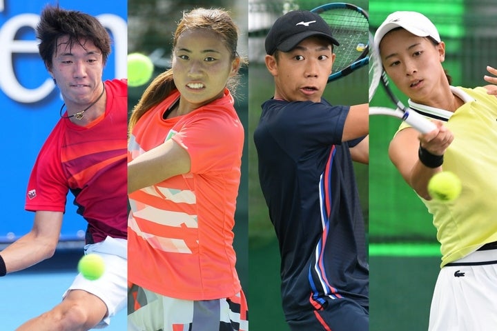 テニスのユニバ代表に、白石光、松田美咲（左の２人）らプロに交じって、現役学生の藤原智也、山崎郁美（右の２人）も選出された。写真：THE DIGEST写真部、スマッシュ編集部